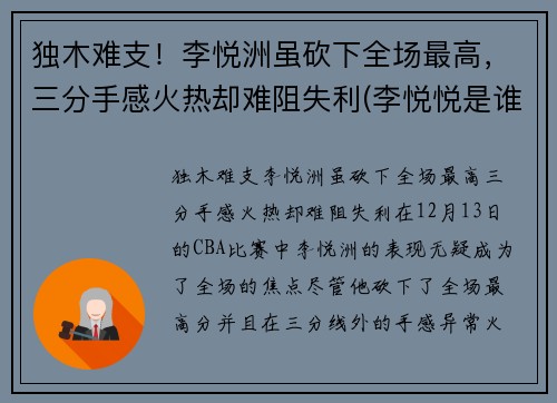 独木难支！李悦洲虽砍下全场最高，三分手感火热却难阻失利(李悦悦是谁)