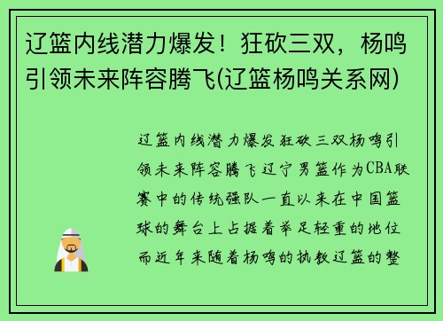 辽篮内线潜力爆发！狂砍三双，杨鸣引领未来阵容腾飞(辽篮杨鸣关系网)