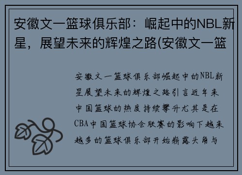 安徽文一篮球俱乐部：崛起中的NBL新星，展望未来的辉煌之路(安徽文一篮球训练基地)
