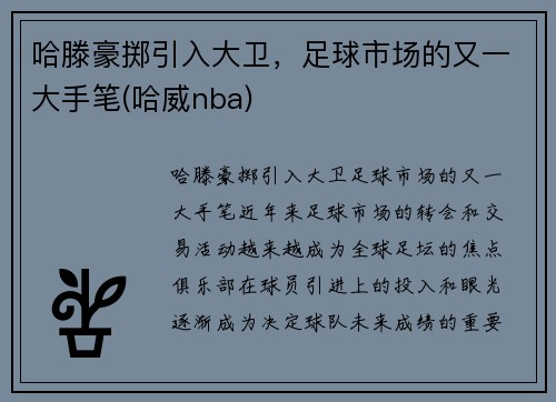 哈滕豪掷引入大卫，足球市场的又一大手笔(哈威nba)